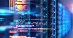 Server room 3d illustration with node base programming data design element.concept of big data storage and cloud computing technology