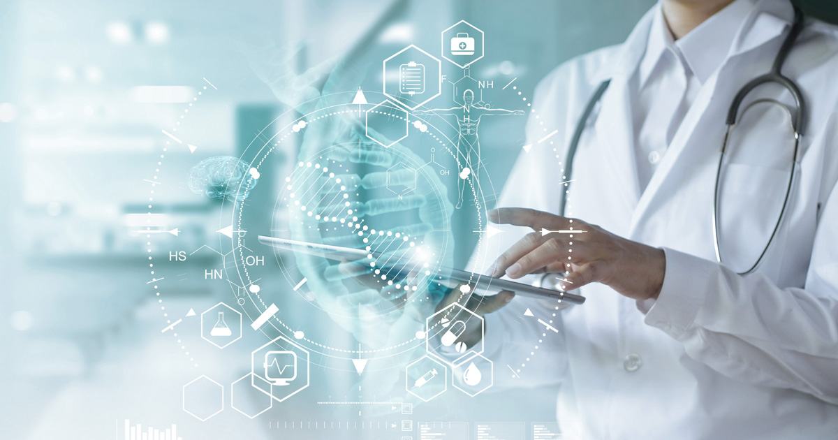 Medicine doctor touching electronic medical record on tablet