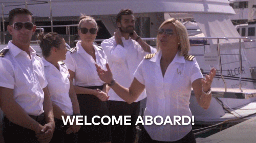 Gif of ship crew, saying "Welcome Aboard"