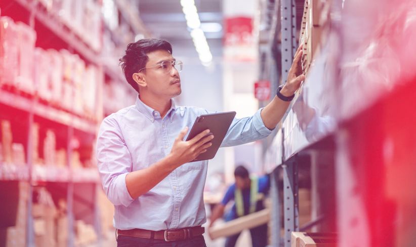 Man working in logistics using tablet while looking at packages in warehouse
