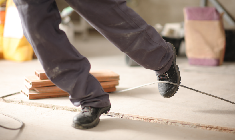 Person on construction site tripping over a cord, emphasizing the importance of risk management from the top down.