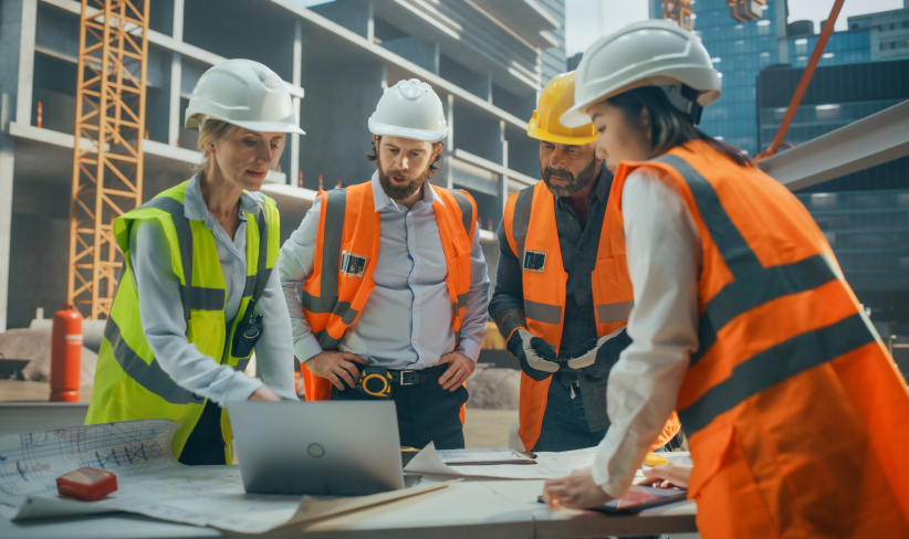 Group of construction workers on site looking at a laptop.