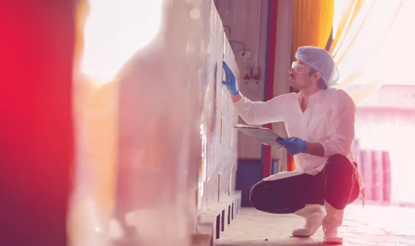 Worker monitoring packed goods in an organized warehouse